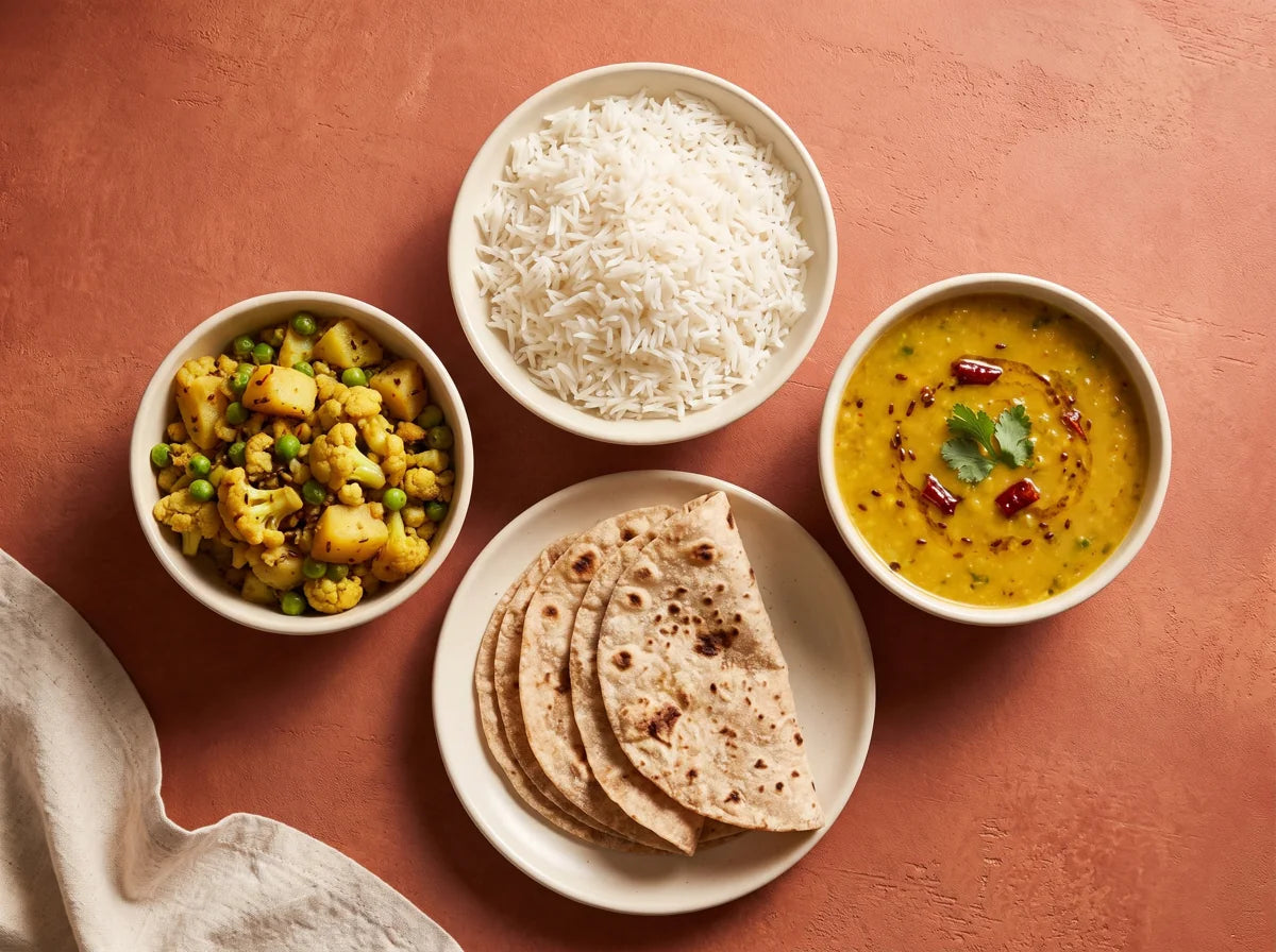 Homestyle Indian dal, sabzi, rice and rotis from TPFU