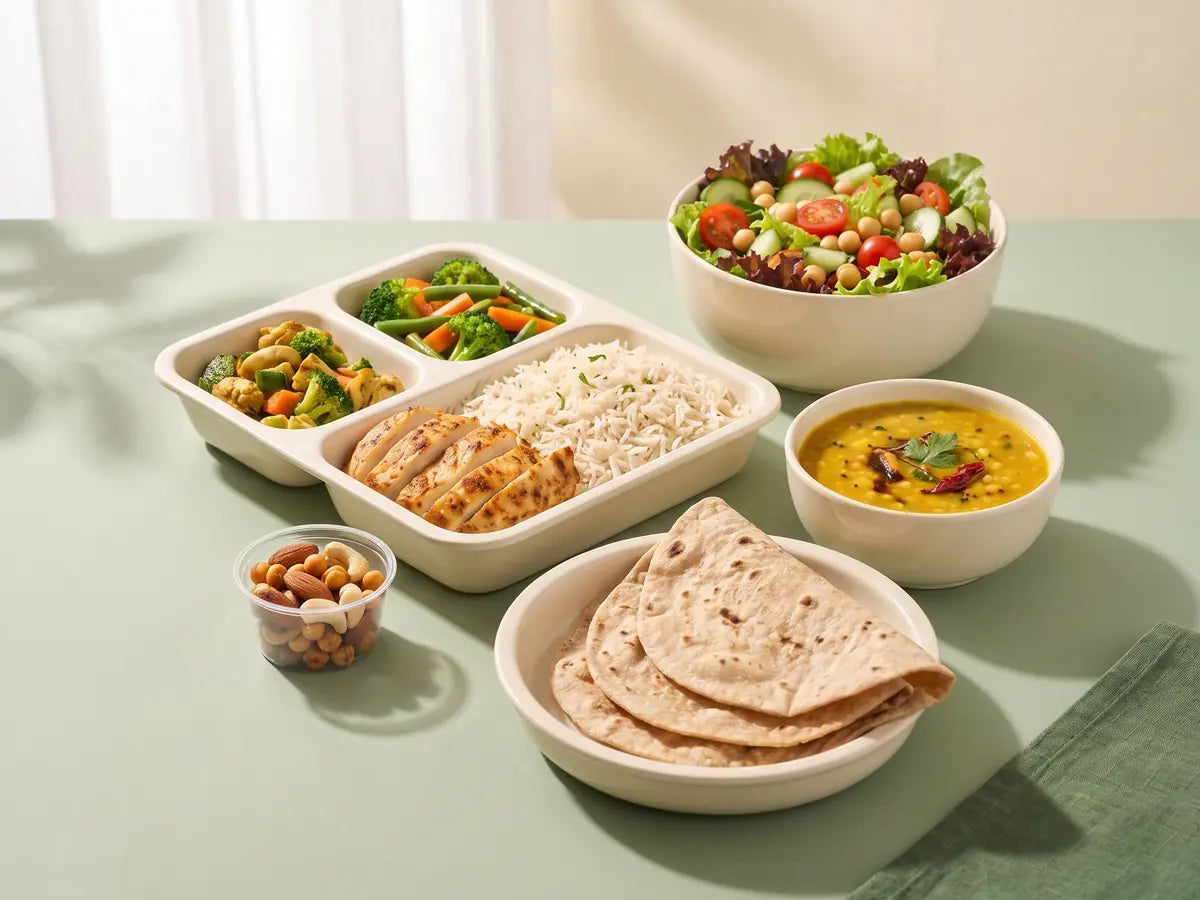 Balanced BiteBox serving suggestion with a main meal, salad and Indian meal